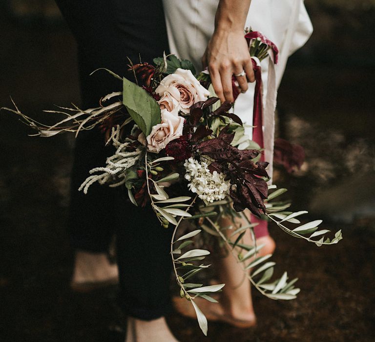 Burgundy Floral Bouquet &amp; Ribbon by Quintessential Wild Florist | Romantic, Bohemian Elopement in the Peaks by Natalie Hewitt Wedding Planner | Henry Lowther Photography