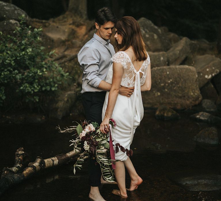 Burgundy Floral Bouquet &amp; Ribbon by Quintessential Wild Florist | Bride in Gown from Frances Day Bridal | Groom in Moss Bros. | Romantic, Bohemian Elopement in the Peaks by Natalie Hewitt Wedding Planner | Henry Lowther Photography