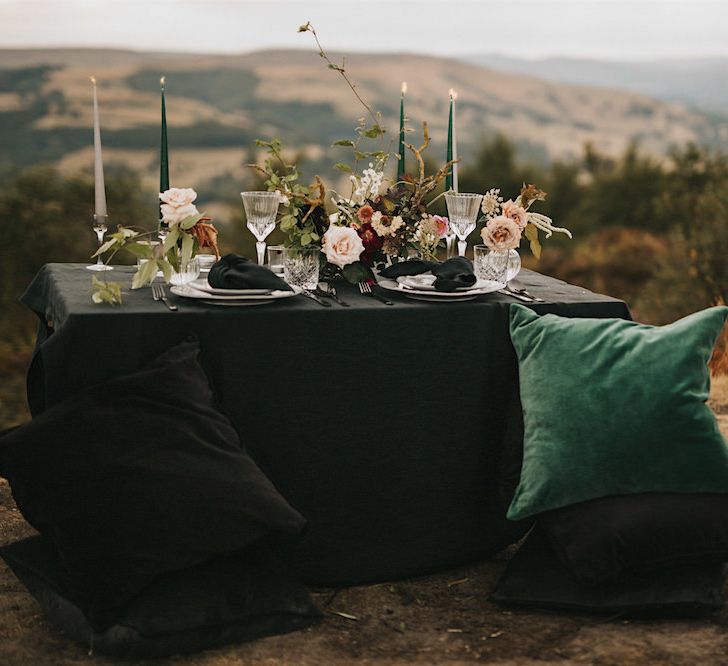 Elegant Tablescape with Tapper Candles, Cut Glass &amp; Fresh Flower Decor  | Romantic, Bohemian Elopement in the Peaks by Natalie Hewitt Wedding Planner | Henry Lowther Photography