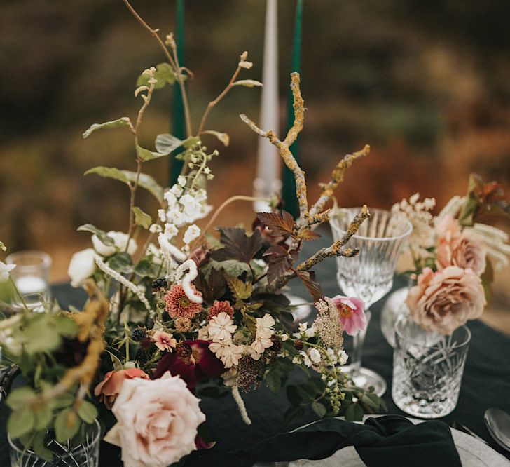 Elegant Tablescape with Taper Candles &amp; Fresh Flower Decor  | Romantic, Bohemian Elopement in the Peaks by Natalie Hewitt Wedding Planner | Henry Lowther Photography