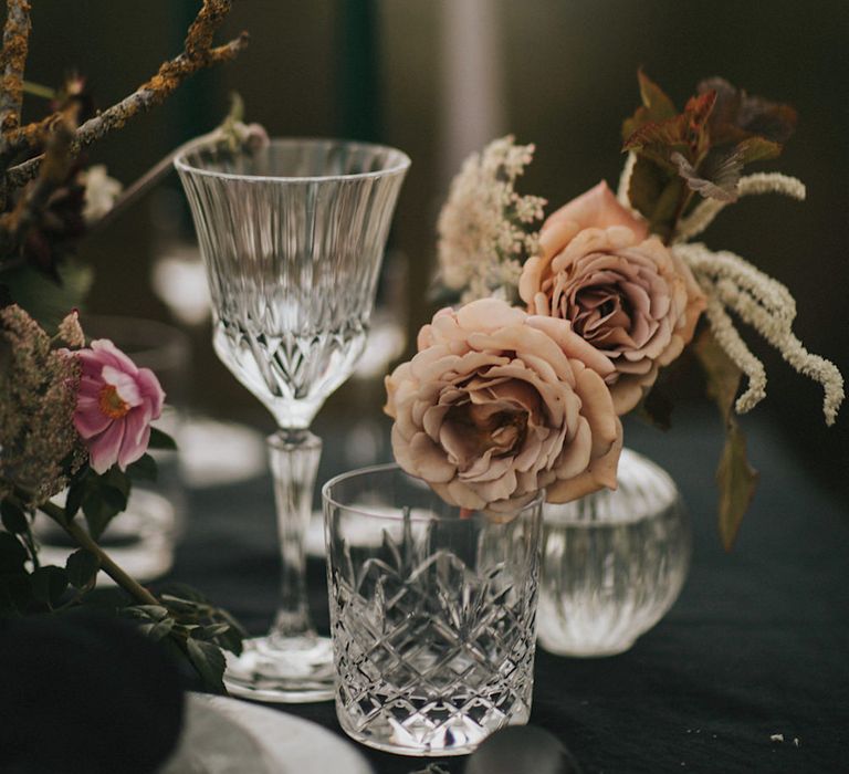 Elegant Tablescape with Cut Crystal Glassware &amp; Fresh Flowers  | Romantic, Bohemian Elopement in the Peaks by Natalie Hewitt Wedding Planner | Henry Lowther Photography