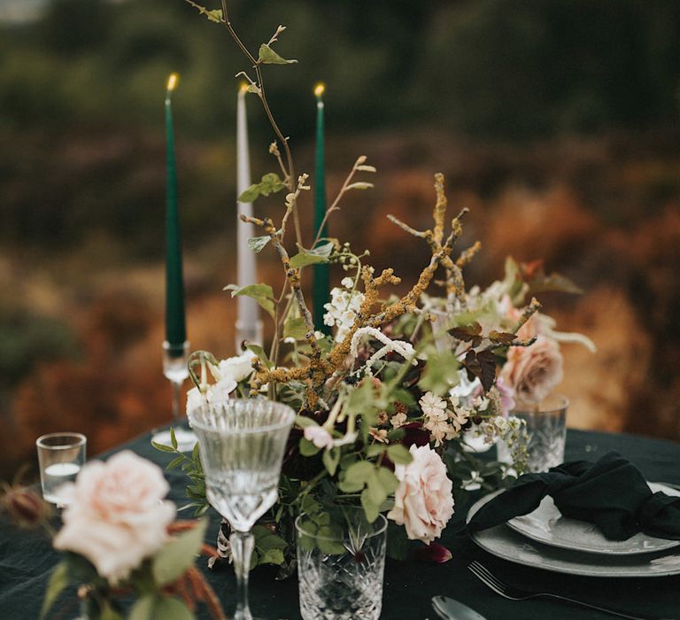 Elegant Tablescape with Tapper Candles, Black Tablecloth, Grey Tableware &amp; Floral Arrangement  | Romantic, Bohemian Elopement in the Peaks by Natalie Hewitt Wedding Planner | Henry Lowther Photography