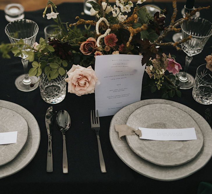 Elegant Tablescape with Black Tablecloth, Grey Tableware &amp; Floral Arrangement  | Romantic, Bohemian Elopement in the Peaks by Natalie Hewitt Wedding Planner | Henry Lowther Photography