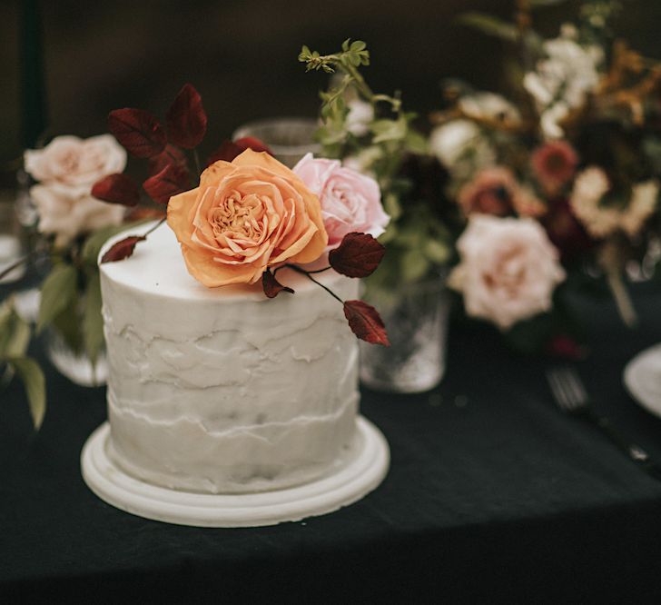 Single Tier Wedding Cake by Caroline M Cakes with Fresh Flower Topper | Romantic, Bohemian Elopement in the Peaks by Natalie Hewitt Wedding Planner | Henry Lowther Photography