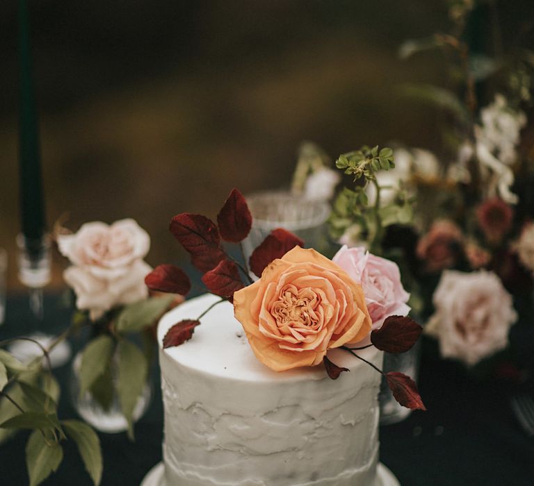 Single Tier Wedding Cake by Caroline M Cakes with Fresh Flower Topper | Romantic, Bohemian Elopement in the Peaks by Natalie Hewitt Wedding Planner | Henry Lowther Photography