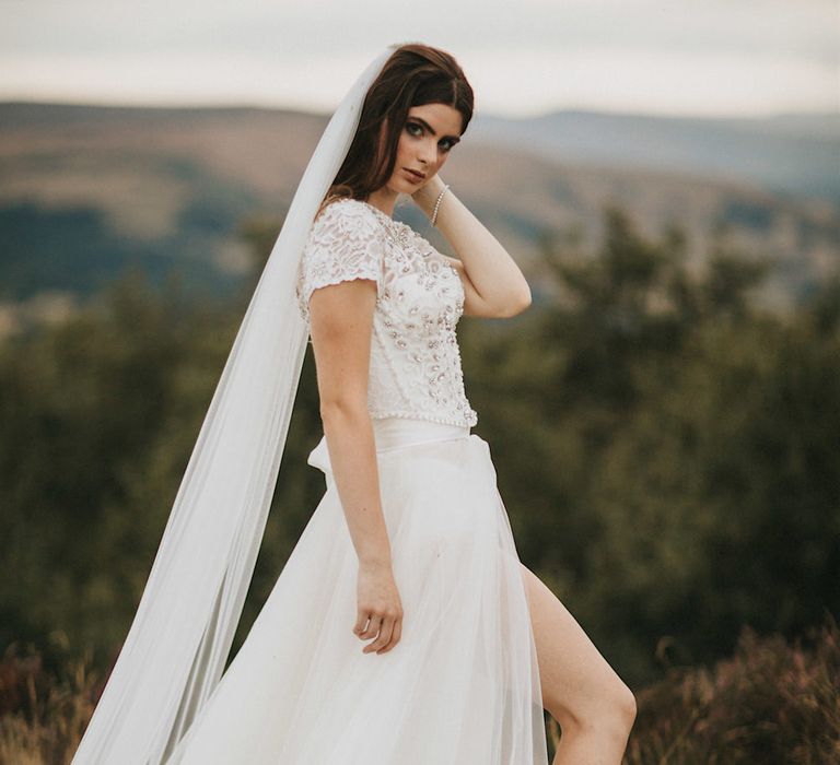 Bride in Gown from Frances Day Bridal with Front Split | Romantic, Bohemian Elopement in the Peaks by Natalie Hewitt Wedding Planner | Henry Lowther Photography