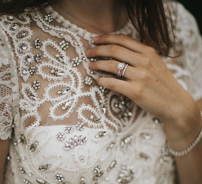 Temprell Diamond Ring | Bride in Gown from Frances Day Bridal with Sequin Bodice | Romantic, Bohemian Elopement in the Peaks by Natalie Hewitt Wedding Planner | Henry Lowther Photography