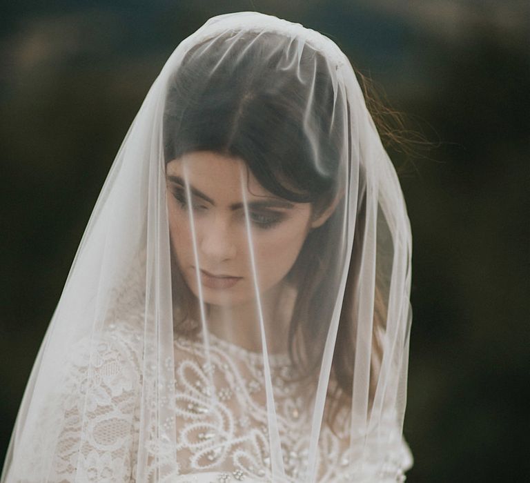 Bride in Gown from Frances Day Bridal with Sequin Bodice | Wedding Veil | Romantic, Bohemian Elopement in the Peaks by Natalie Hewitt Wedding Planner | Henry Lowther Photography