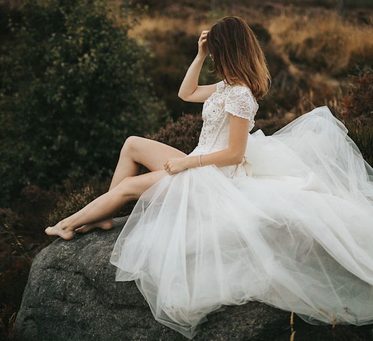 Bride in Gown from Frances Day Bridal with Tulle Skirt &amp; Front Split | Romantic, Bohemian Elopement in the Peaks by Natalie Hewitt Wedding Planner | Henry Lowther Photography