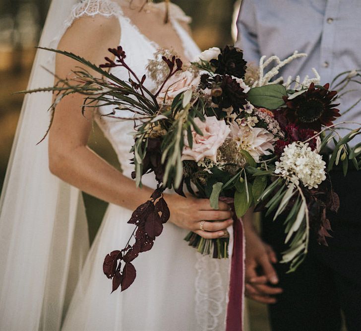 Burgundy Floral Bouquet &amp; Ribbon by Quintessential Wild Florist | Romantic, Bohemian Elopement in the Peaks by Natalie Hewitt Wedding Planner | Henry Lowther Photography