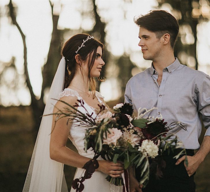 Burgundy Floral Bouquet &amp; Ribbon by Quintessential Wild Florist | Bride in Gown from Frances Day Bridal | Groom in Moss Bros. | Romantic, Bohemian Elopement in the Peaks by Natalie Hewitt Wedding Planner | Henry Lowther Photography