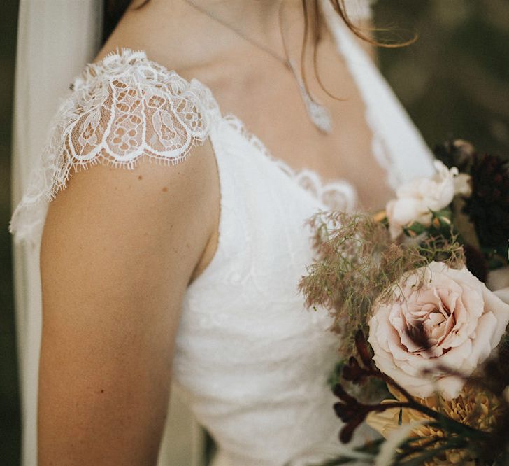 Delicate Lace Cap Sleeve Gown from Frances Day Bridal | Groom in Moss Bros. | Romantic, Bohemian Elopement in the Peaks by Natalie Hewitt Wedding Planner | Henry Lowther Photography