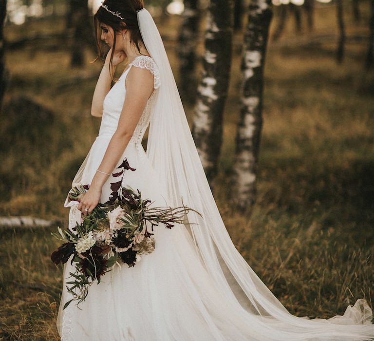 Burgundy Floral Bouquet &amp; Ribbon by Quintessential Wild Florist | Bride in Gown from Frances Day Bridal | Romantic, Bohemian Elopement in the Peaks by Natalie Hewitt Wedding Planner | Henry Lowther Photography