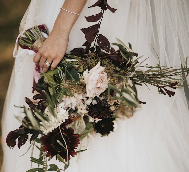 Burgundy Floral Bouquet &amp; Ribbon by Quintessential Wild Florist | Romantic, Bohemian Elopement in the Peaks by Natalie Hewitt Wedding Planner | Henry Lowther Photography