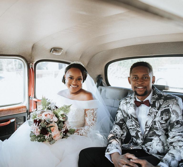 Bride and brother in a taxi on the way to the wedding ceremony