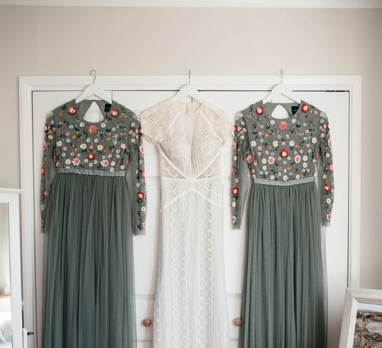 Lenora Dress by Wtoo Watters with Lace Cap Sleeves and Keyhole Back | Dusky Green Needle &amp; Thread Dresses with Floral Embroidered Bodice and Long Sleeves | Macrame Decor, Vintage Caravan Photobooth and Five-Tier Naked Wedding Cake for Boho Wedding in Woodlands | Freckle Photography