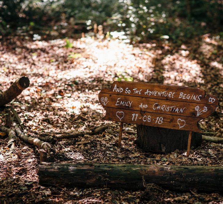 Wooden Wedding Sign | Lila's Wood Wedding Venue | Macrame Decor, Vintage Caravan Photobooth and Five-Tier Naked Wedding Cake for Boho Wedding in Woodlands | Freckle Photography