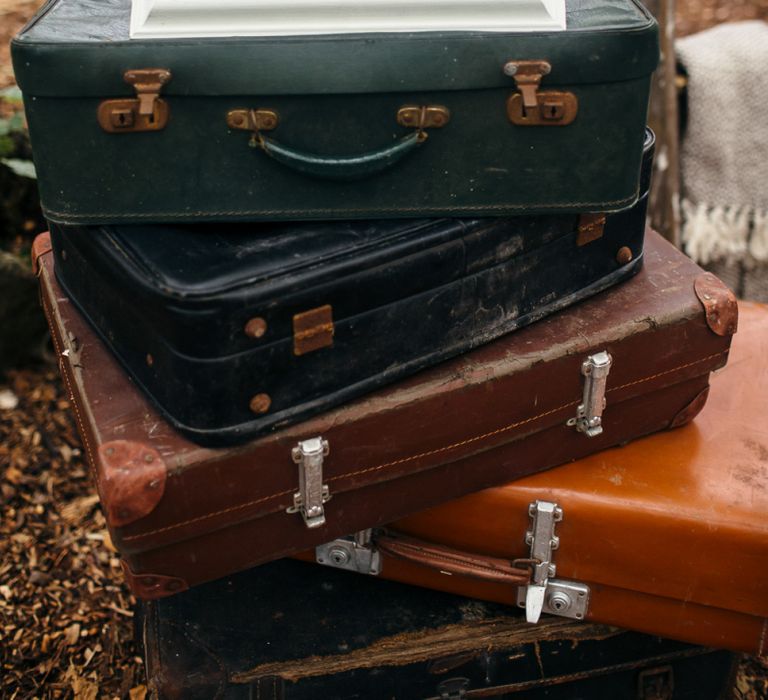 Vintage Suitcases | Chalkboard Wedding Sign | Macrame Decor, Vintage Caravan Photobooth and Five-Tier Naked Wedding Cake for Boho Wedding in Woodlands | Freckle Photography