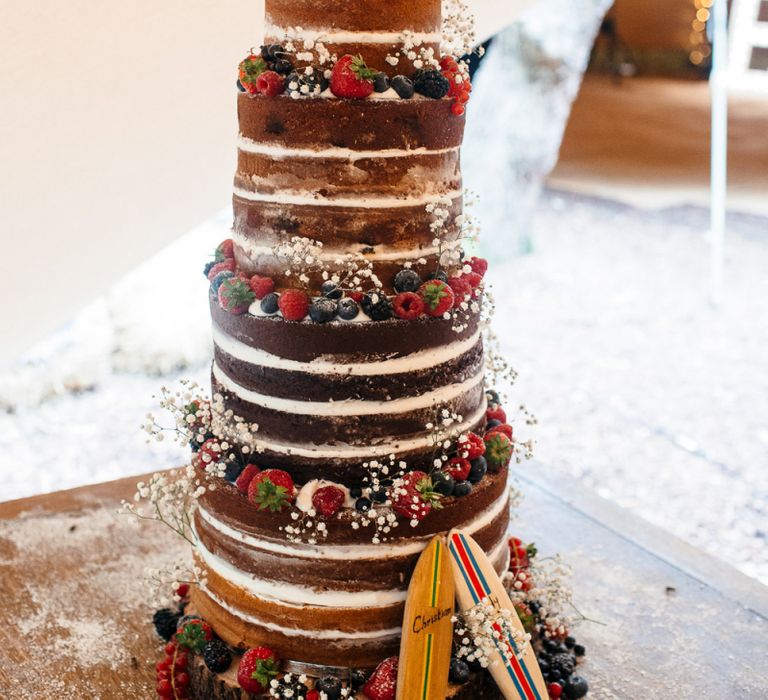 Five-Tier Naked Wedding Cake Decorated with Fruit and Gypsophila | Macrame Decor, Vintage Caravan Photobooth and Five-Tier Naked Wedding Cake for Boho Wedding in Woodlands | Freckle Photography