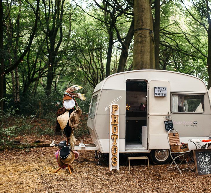 Vintage Caravan Photobooth | Tipi Chill Out Area | Macrame Decor, Vintage Caravan Photobooth and Five-Tier Naked Wedding Cake for Boho Wedding in Woodlands | Freckle Photography