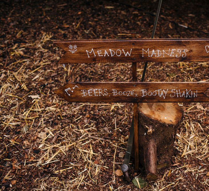 Wooden Wedding Sign | Macrame Decor, Vintage Caravan Photobooth and Five-Tier Naked Wedding Cake for Boho Wedding in Woodlands | Freckle Photography