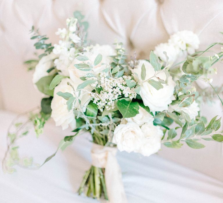 Bridal Bouquet | White Flowers and Green Foliage | Hazel Gap Barn Wedding with Bride Arriving by Kit Car | Sarah-Jane Ethan Photography