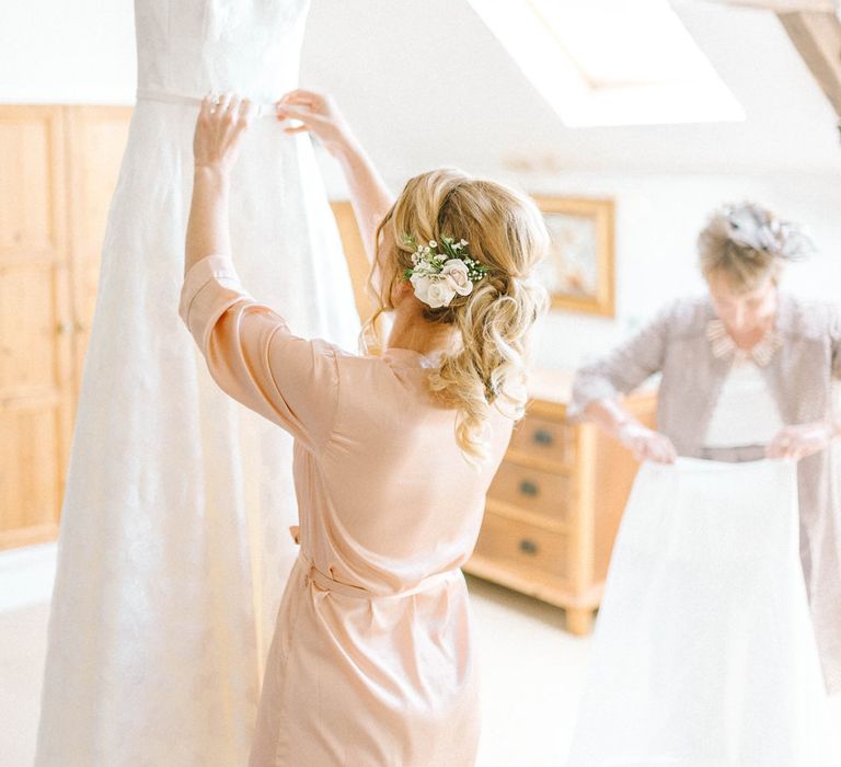 Bridal Morning Preparations | Strapless Sassi Holford Ballgown Wedding Dress with Belt | Hazel Gap Barn Wedding with Bride Arriving by Kit Car | Sarah-Jane Ethan Photography