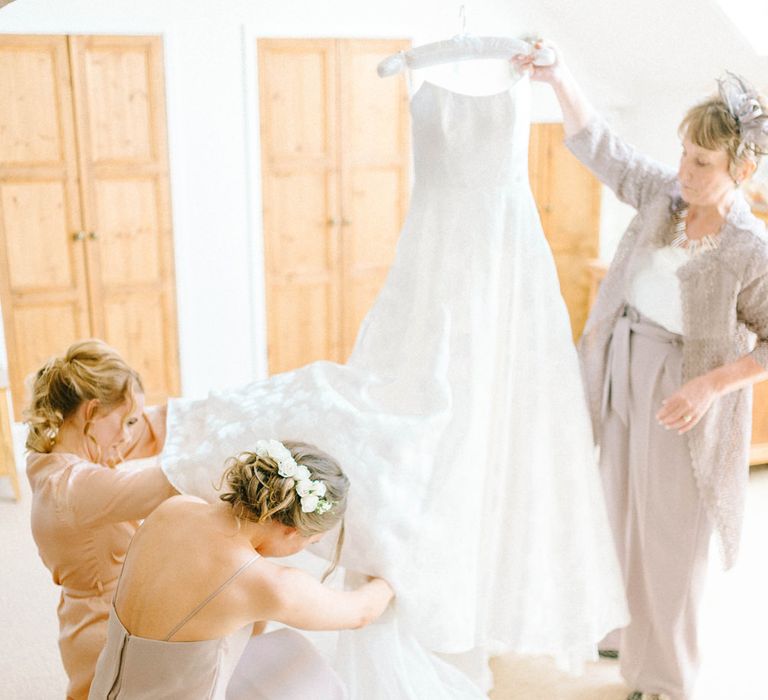 Bridal Morning Preparations | Strapless Sassi Holford Ballgown Wedding Dress with Belt | Bridesmaid in Grey Dress | Mother of the Bride in Grey Trouser Suit | Hazel Gap Barn Wedding with Bride Arriving by Kit Car | Sarah-Jane Ethan Photography