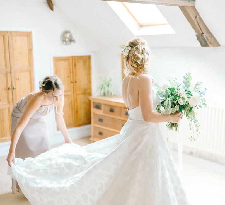 Bridal Morning Preparations | Strapless Sassi Holford Ballgown Wedding Dress with Belt | Bouquet of White Flowers and Foliage | Grey Bridesmaid Dress | Hazel Gap Barn Wedding with Bride Arriving by Kit Car | Sarah-Jane Ethan Photography