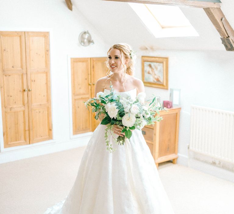 Bridal Morning Preparations | Strapless Sassi Holford Ballgown Wedding Dress with Belt | Bouquet of White Flowers and Foliage | Hazel Gap Barn Wedding with Bride Arriving by Kit Car | Sarah-Jane Ethan Photography