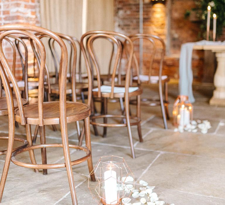 Hazel Gap Barn | Wedding Ceremony | Aisle Decor | Candles in Geometric Copper Holders | White Petals | Hazel Gap Barn Wedding with Bride Arriving by Kit Car | Sarah-Jane Ethan Photography