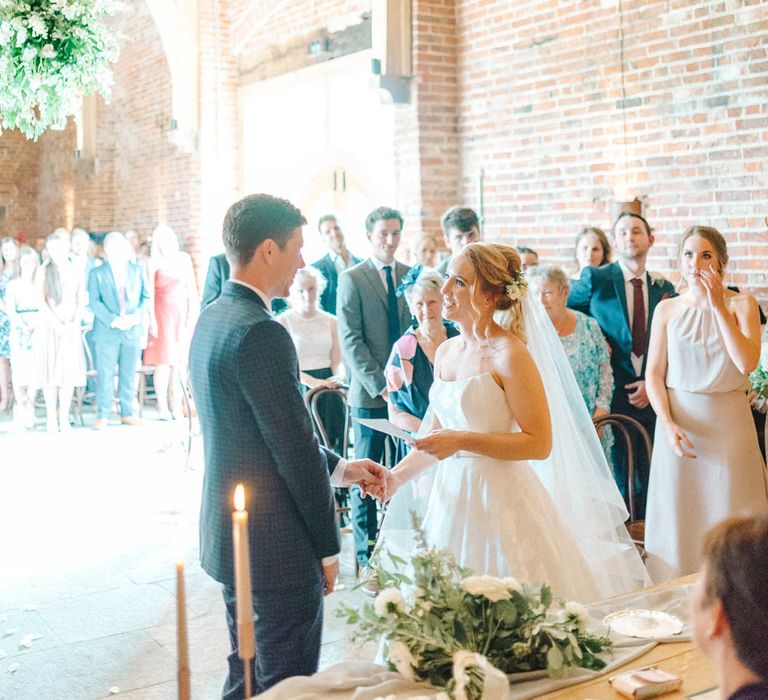 Wedding Ceremony | Bride in Strapless Sassi Holford Ballgown Wedding Dress with Belt | Groom in Blue Check Paul Smith Suit | Hazel Gap Barn Wedding with Bride Arriving by Kit Car | Sarah-Jane Ethan Photography