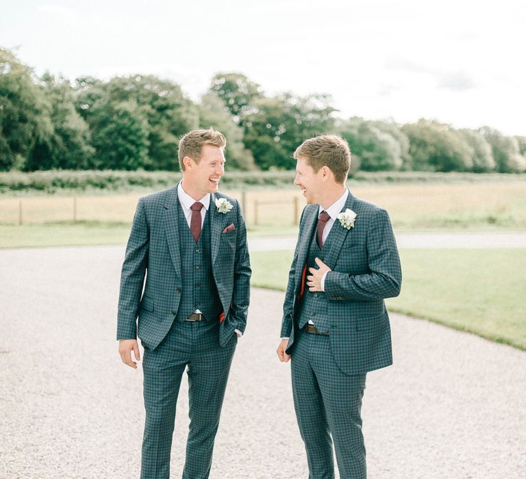 Blue Check Paul Smith Suit for Groom and Best Man | Burgundy Ties | Hazel Gap Barn Wedding with Bride Arriving by Kit Car | Sarah-Jane Ethan Photography