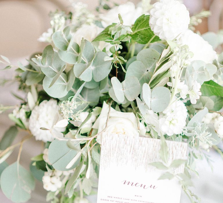 Wedding Reception Decor | Wedding Breakfast Menu | White Flowers and Green Foliage |  Hazel Gap Barn Wedding with Bride Arriving by Kit Car | Sarah-Jane Ethan Photography