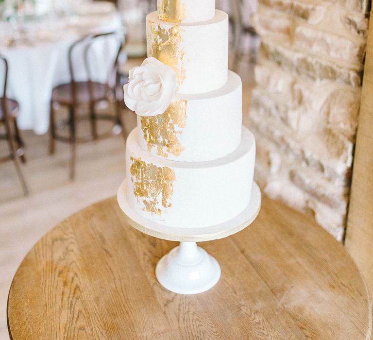 Wedding Cake | Cake Topper | Four Tiered Cake with Gold Leaf | Hazel Gap Barn Wedding with Bride Arriving by Kit Car | Sarah-Jane Ethan Photography