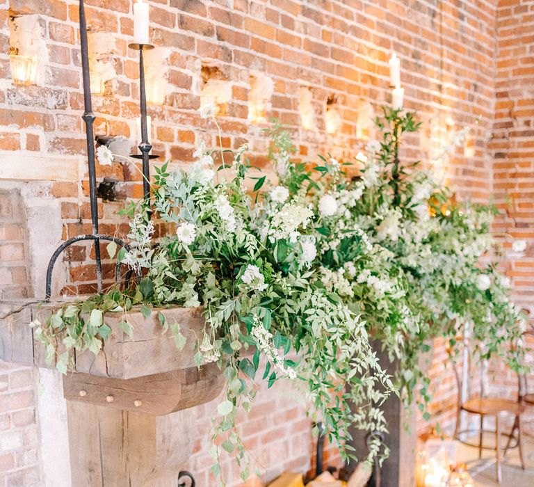 Fireplace Wedding Flowers &amp; Candle Light | Wedding Decor | Hazel Gap Barn Wedding with Bride Arriving by Kit Car | Sarah-Jane Ethan Photography