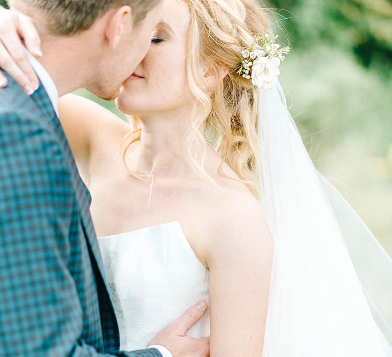 Bride in Strapless Sassi Holford Ballgown Wedding Dress with Belt | Groom in Blue Check Paul Smith Suit | Hazel Gap Barn Wedding with Bride Arriving by Kit Car | Sarah-Jane Ethan Photography