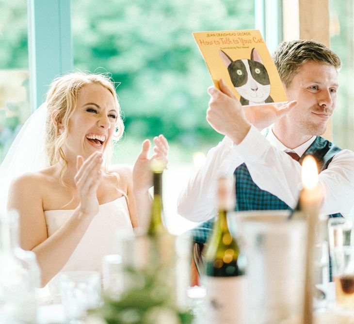 Wedding Reception | Bride in Strapless Sassi Holford Ballgown Wedding Dress with Belt | Groom in Blue Check Paul Smith Suit | Hazel Gap Barn Wedding with Bride Arriving by Kit Car | Sarah-Jane Ethan Photography