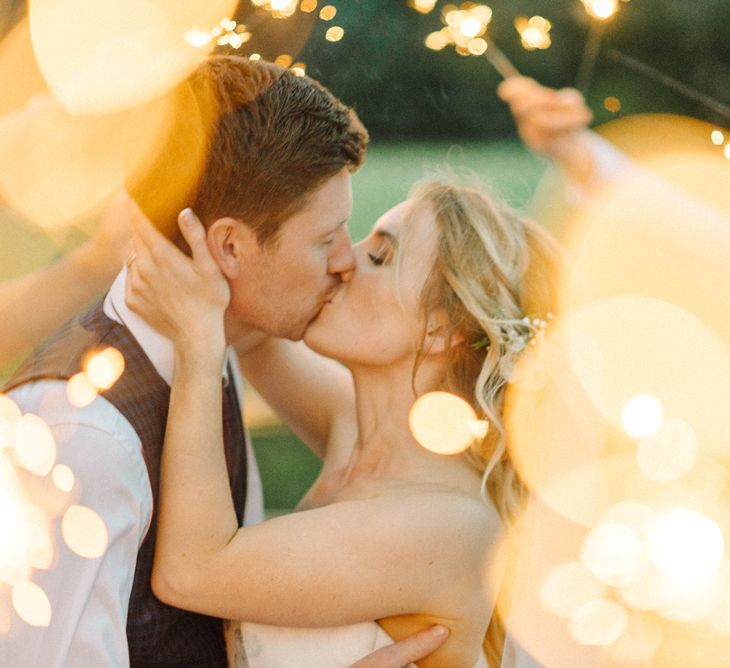 Sparklers | Bride in Strapless Sassi Holford Ballgown Wedding Dress with Belt | Groom in Blue Check Paul Smith Suit | Hazel Gap Barn Wedding with Bride Arriving by Kit Car | Sarah-Jane Ethan Photography