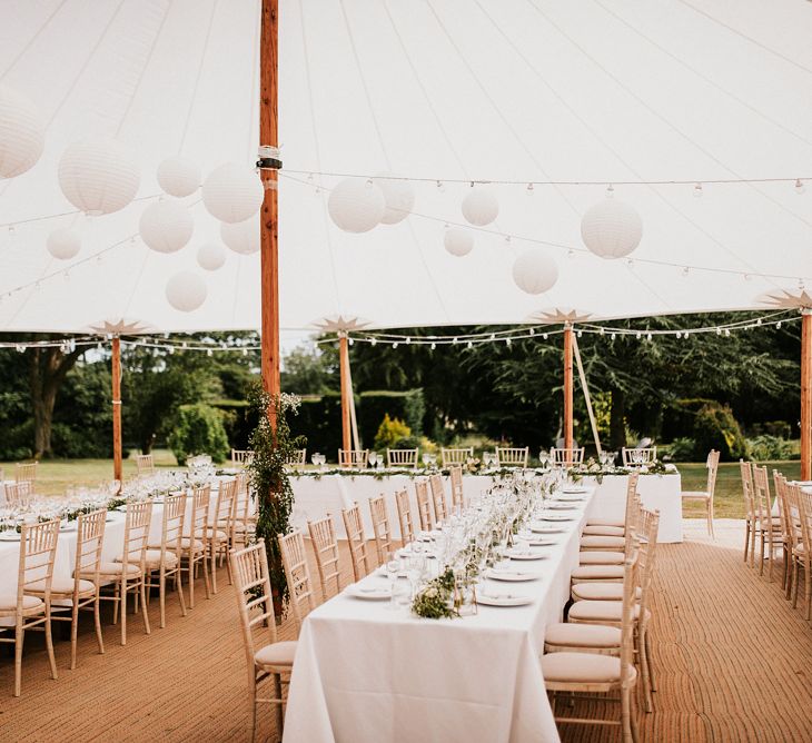 Tent Wedding Reception with White Hanging Paper Lanterns Decor