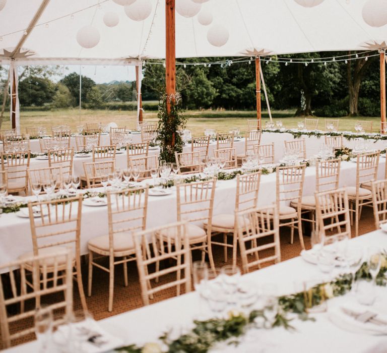 Tent Wedding Reception with White Hanging Paper Lanterns Decor