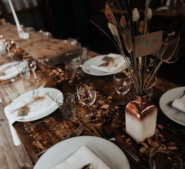 Fall Wedding Reception Decor with Dried Leaves and Flowers