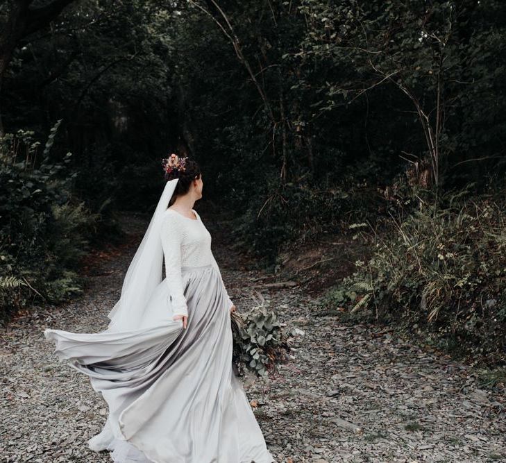 Boho Bride in Contemporary Mila Mira Wedding Dress with Silver Skirt and White Top