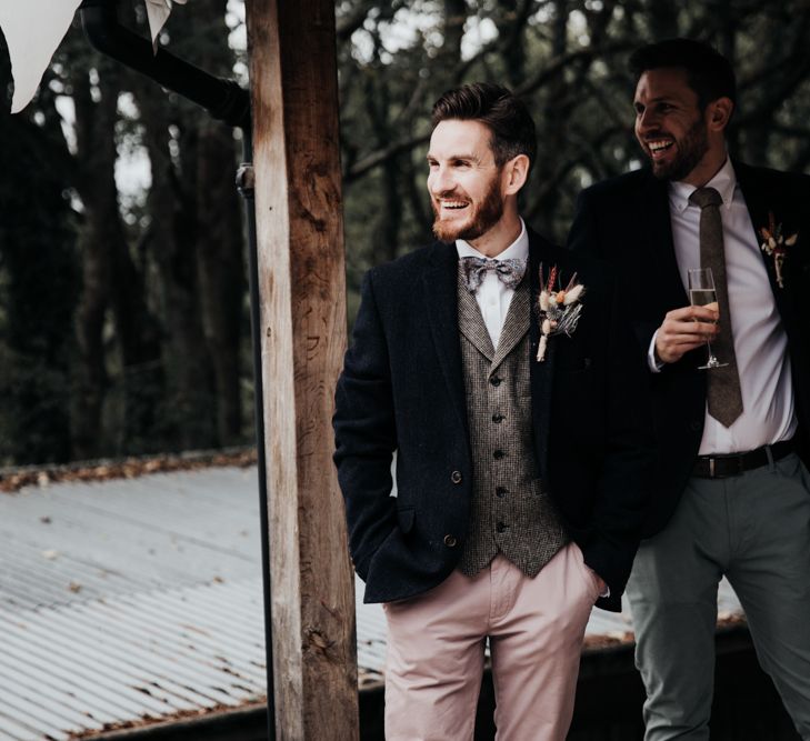 Stylish Groom in Pink Chinos, Wool Waistcoat and Navy Blazer