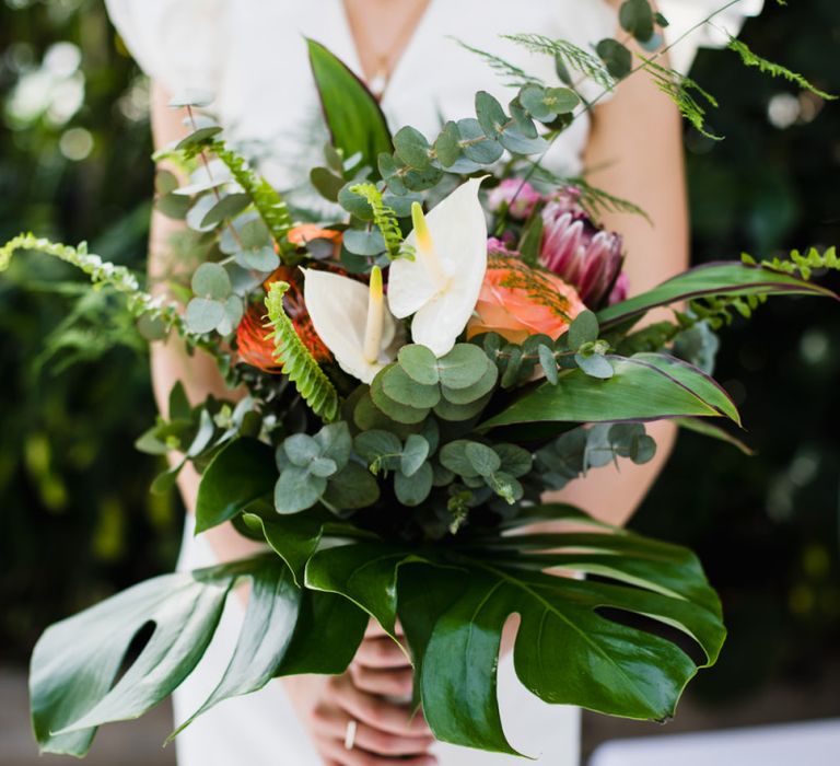 Wedding bouquet with anthurium flowers for bride with tropical vibes