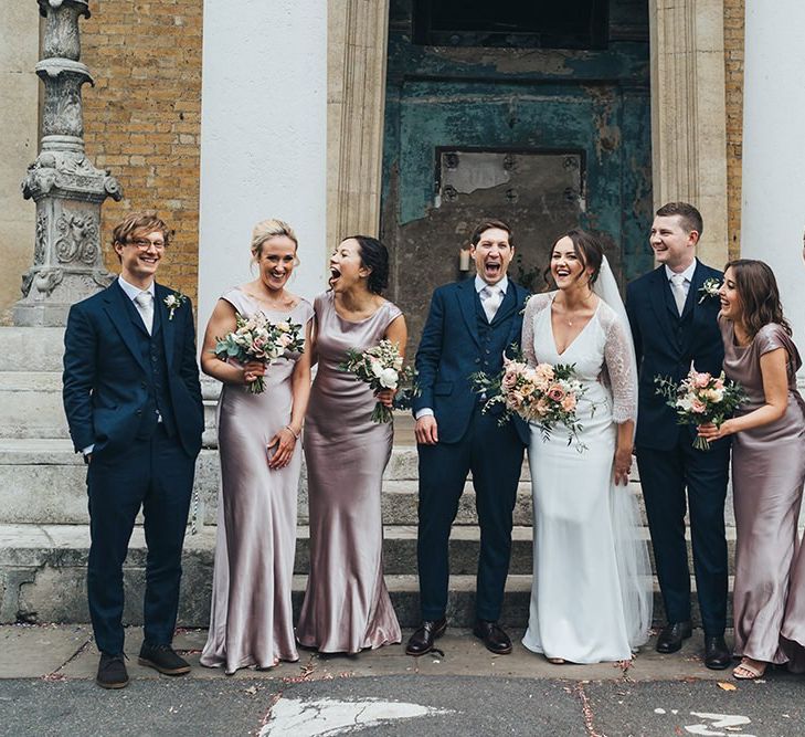 Wedding Party Portrait with Bridesmaids in Dusky Pink Bridesmaid Dresses