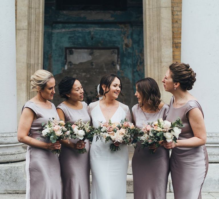 Bridal Party Portrait  with Bridesmaids in Dusky Pink Bridesmaid Dresses