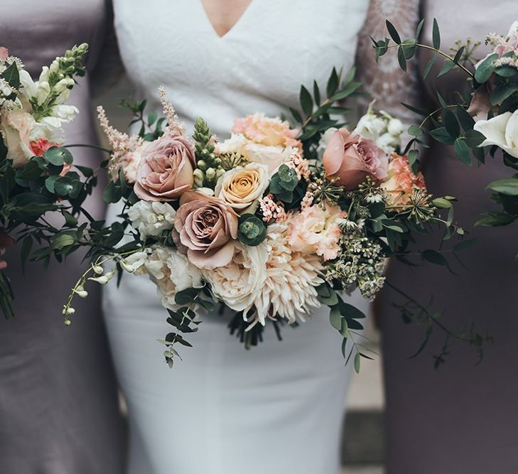 Dusky Pink and Taupe Wedding Flowers by Petal &amp; Pot and Dusky Pink Bridesmaid Dresses