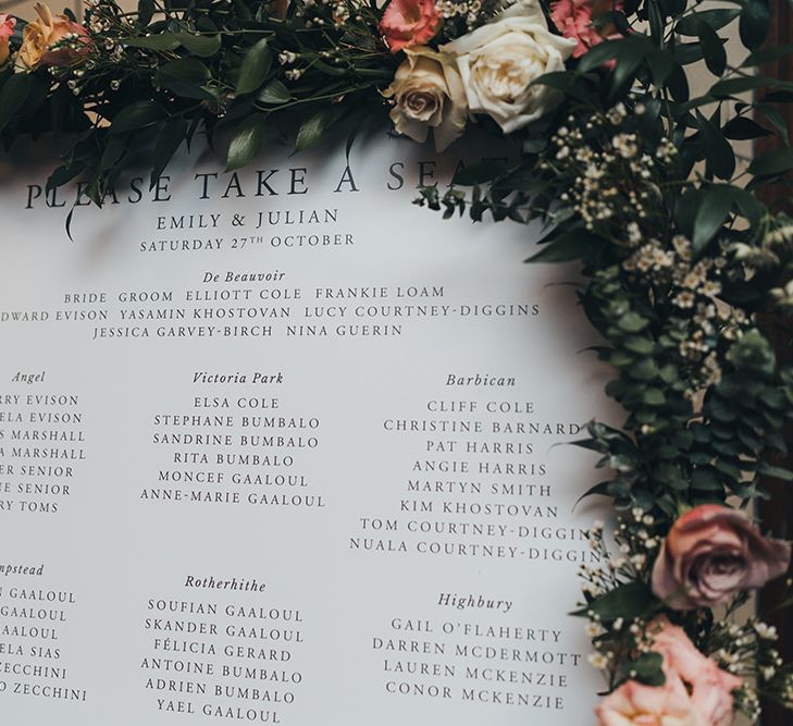 Wedding Table Plan with Dusky Pink Flowers