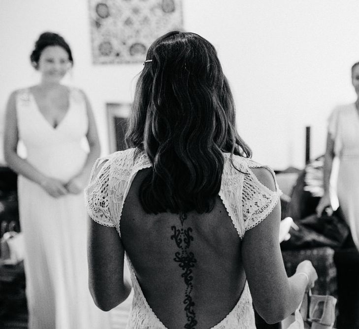 Wedding Morning Bridal Preparations | Bride in Daughters of Simone Lace Gown |  Brightly Coloured Festival Wedding with Outdoor Humanist Ceremony &amp; Tipi Reception on the Yorkshire Dales | Tim Dunk Photography